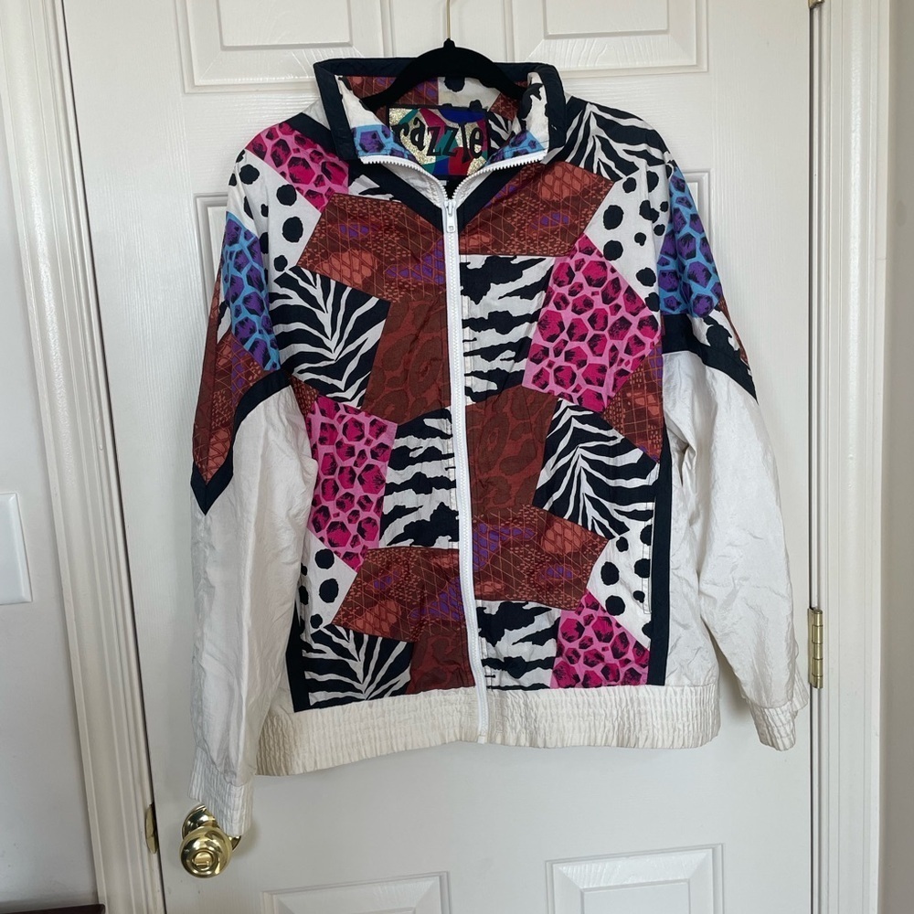 Vintage 80’s‎ razzle colorblock animal print windbreaker jacket | XL